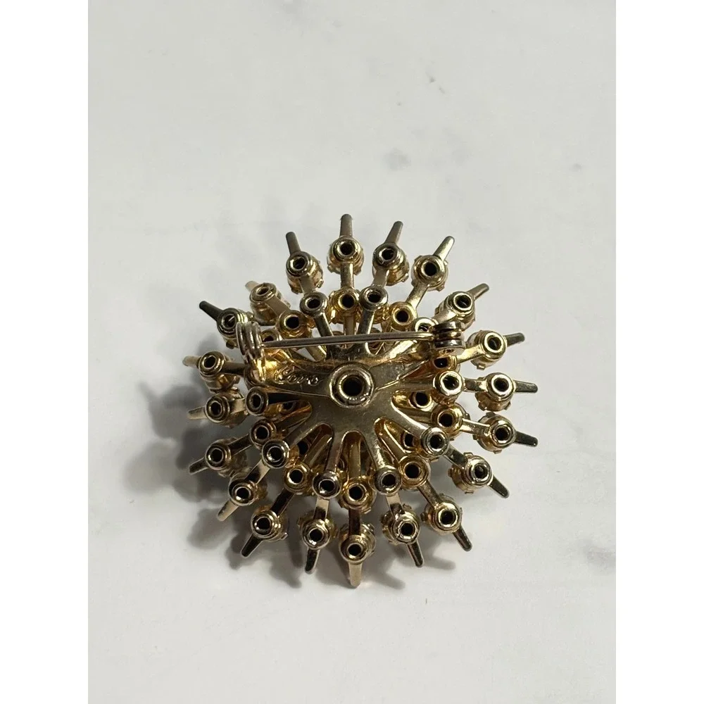 Vintage Coro Blue Rhinestone Starburst Brooch Gold Tone Sunburst Pin Teal Aqua